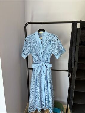 Maje Light Blue Lace Midi Shirt Dress with Waist Tie